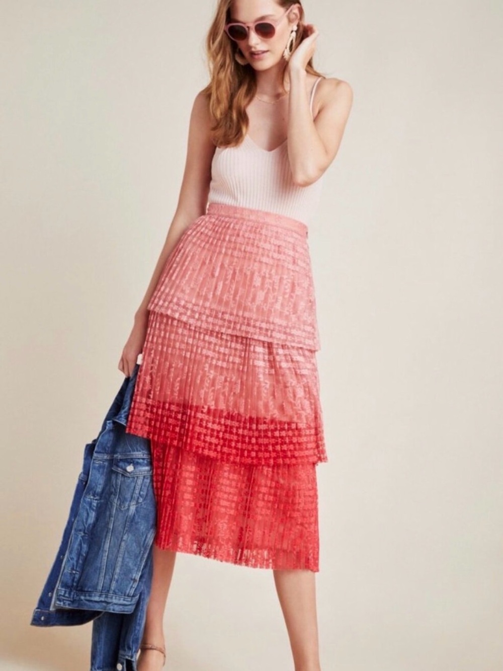 Maeve by Anthropologie Brighton Tiered Ombre Lace Midi Skirt